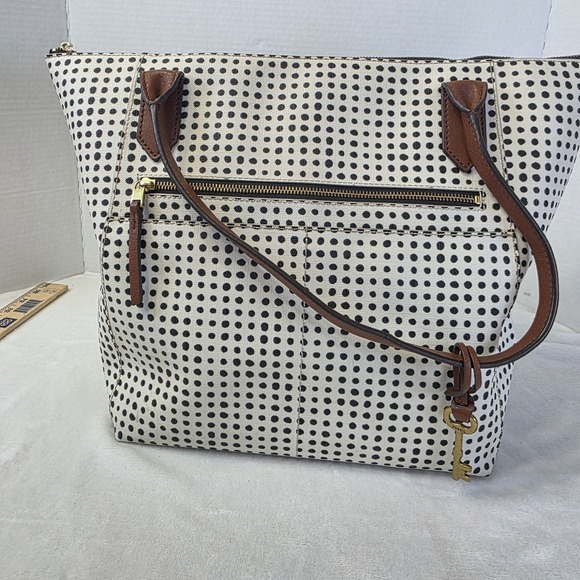 Fossil Fiona Signature Handbag Tote Shoulder Bag Purse Black Cream Polka Dots - Picture 7 of 16